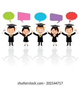 Graduation friends with thinking and speech bubbles. Friendship. Friends Forever! 