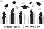 Graduation, getting education and learning concept. Silhouettes of hands of students university graduates throwing graduation hats in air, celebrating graduation, abstract illustration.