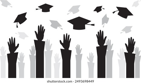 Graduation, getting education and learning concept. Silhouettes of hands of students university graduates throwing graduation hats in air, celebrating graduation, abstract illustration.