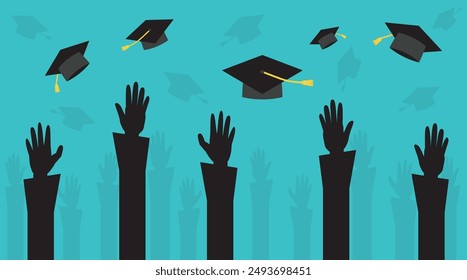 Graduation, getting education and learning concept. Silhouettes of hands of students university graduates throwing graduation hats in air, celebrating graduation, abstract illustration.