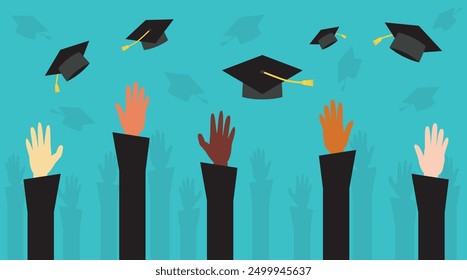 Graduation, getting education and learning concept. Hands of students university graduates throwing graduation hats in air, celebrating graduation, abstract illustration.