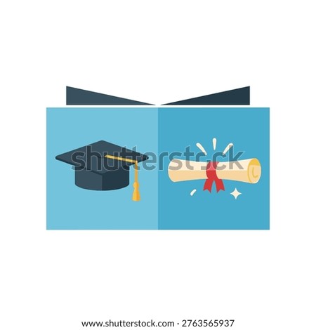 Graduation gift. Box, cap, diploma scroll. Academic achievement, education success. Celebration, congratulations concept.