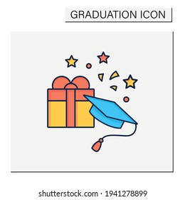 Graduation gift color icon.Gift on graduation occasion. Pleasant presents. Special surprise. Graduate cap.Graduation concept.Isolated vector illustration
