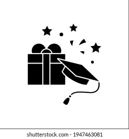 Graduation gift glyph icon.Gift on graduation occasion. Pleasant presents. Special surprise. Graduate cap.Graduation concept.Filled flat sign. Isolated silhouette vector illustration