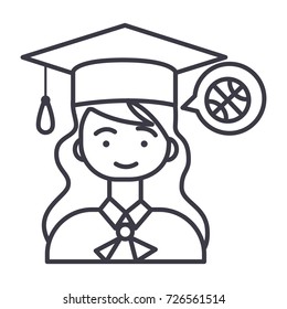 graduation girl vector line icon, sign, illustration on background, editable strokes