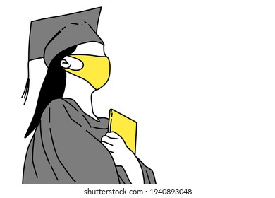 Graduation girl wearing a cloth mask to celebrate in university covid19 era hand draw pictogram style vector design illustration.