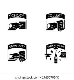 Graduation glyph icons set. School, college, university graduation. Studying concept. Filled flat sign. Isolated silhouette vector illustration