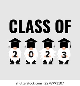 gnomos de graduación.  Clase de 2023. Plantilla vectorial para tipografía afiche, tarjeta de saludo, banner, etiqueta, camiseta, etc. 