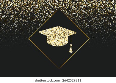 Graduation golden glitter background template with academic cap. Congratulations graduates background for school and college, or university award, achievement, and education design projects.