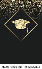 Graduation golden glitter background template with academic cap. Congratulations graduates background for school and college, or university award, achievement, and education design projects.