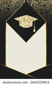 Graduation golden glitter background template with academic cap. Congratulations graduates background for school and college, or university award, achievement, and education design projects.