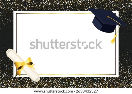 Graduation golden glitter background template with academic cap and diploma scroll. Graduation background for school and college, or university award, achievement, and education design projects.