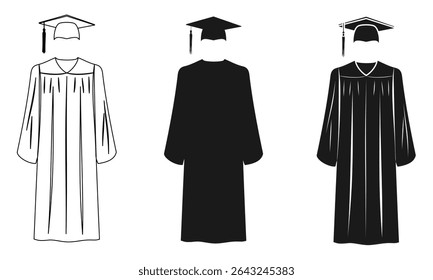 graduation gown and cap icon set vector illustration isolated on white background.