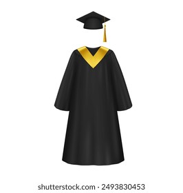 Graduation gown and cap. Isolated realistic 3d vector apparel for degree ceremony in the University. Black formal robe with golden decor and mortarboard with a tassel symbolizing academic achievement