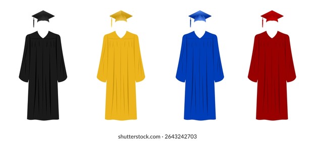 graduation gown and cap set with different color. vector illustration isolated on white background.