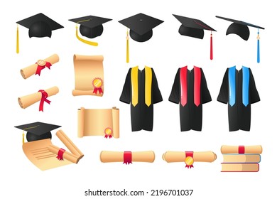 Graduationsbekleidung und Diplomkarikatur-Zeichensatz. Ehrendiplom, Graduierungsbekleidung oder Uniform, Hut oder Mütze für Studenten. Bildung, Promotion, Universität, Zeremonie, Erfolgskonzept