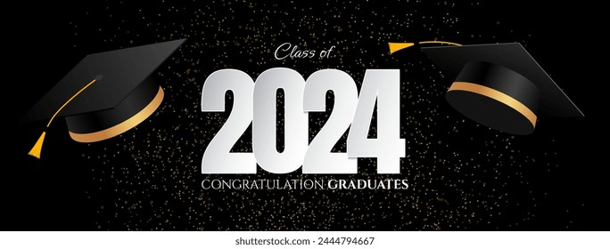 Graduation greeting banner design. Congratulations graduates background with graduation cap elements for class of 2024 graduates celebration. Vector illustration