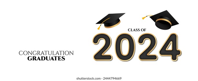 Graduation greeting banner design. Congratulations graduates background with graduation cap elements for class of 2024 graduates celebration. Vector illustration