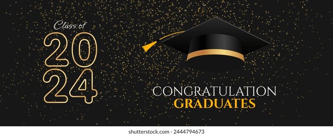 Graduation greeting banner design. Congratulations graduates background with graduation cap elements for class of 2024 graduates celebration. Vector illustration