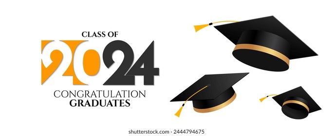 Graduation greeting banner design. Congratulations graduates background with graduation cap elements for class of 2024 graduates celebration. Vector illustration
