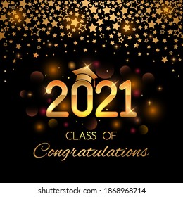 graduation greeting banner with golden shooting stars, shine and glitter. graduation 2021 with graduate cap. vector illustration on black background