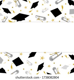 graduation greeting banner with student caps and diplomas on a white background