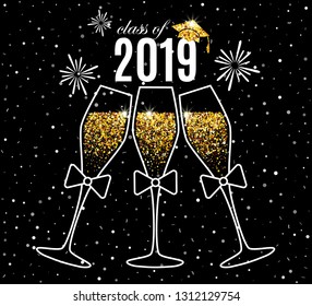 Graduation greeting card 2019 class of with three glasses of champagne, hat and fireworks for invitation, banner, poster, postcard. Vector graduates template. All isolated and layered