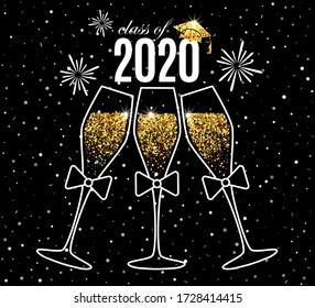Graduation greeting card 2020 class of with three glasses of champagne, hat and fireworks for invitation, banner, poster, postcard. Vector graduates template. All isolated and layered