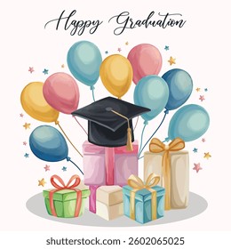Graduation greeting card with decorations, balloons, presents, and an academic hat, perfect for school celebrations and achievements