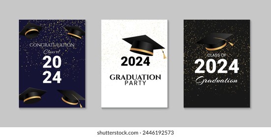 Graduation greeting card design. Celebration party invitation. Congratulations graduates class of 2024 poster. Vector illustration