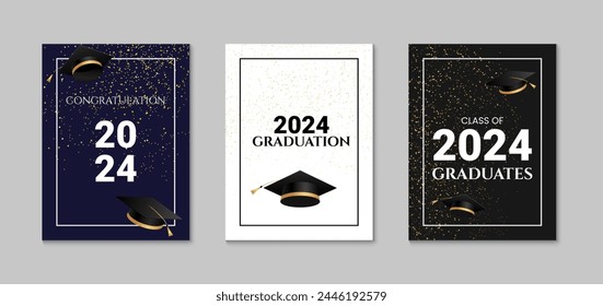 Graduation greeting card design. Celebration party invitation. Congratulations graduates class of 2024 poster. Vector illustration