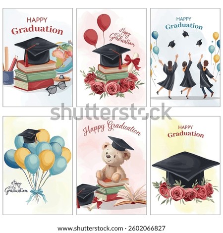 Graduation greeting card with educational elements, featuring academic hat, books, balloons, and flowers, perfect for celebrations and achievements