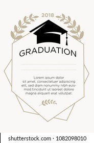 Graduation greeting card. Geometrical frame with an academic cap and the word "Graduation" 