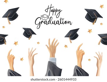 Graduation greeting card with hands throwing academic hats in the air and a festive decoration background, perfect for celebrating achievements