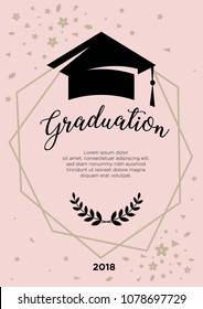 
Graduation. Greeting card at the prom. Geometrical framework with an academic cap and the word "Graduation" 
