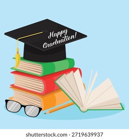 Graduation greeting card with school stack of books, eyeglasses, pencil and academic hat in vibrant education theme