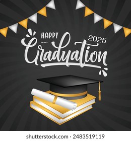 Graduation Greeting Card Vector Design. Congratulations Graduates Modern Grad template with gold and black colors   graduation cap Used for decoration, advertising design, websites or publications, 