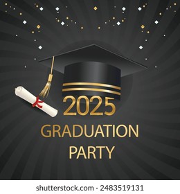 Graduation Greeting Card Vector Design. Congratulations Graduates Modern Grad template with gold and black colors   graduation cap Used for decoration, advertising design, websites or publications, 