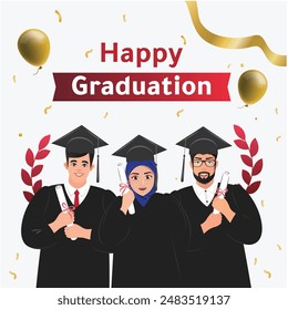 Graduation Greeting Card Vector Design. Congratulations Graduates Modern Grad template with gold and black colors   graduation cap Used for decoration, advertising design, websites or publications, 