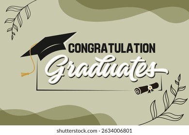 graduation greeting sign with academic cap and diploma. Vector design for invitations, banners, and celebration cards. Suitable for school and university events.