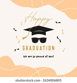 graduation greeting sign with academic cap and glasses. Vector design for invitations, banners, and celebration cards. Suitable for school and university events.