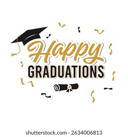 graduation greeting sign with academic cap and diploma. Vector design for invitations, banners, and celebration cards. Suitable for school and university events.