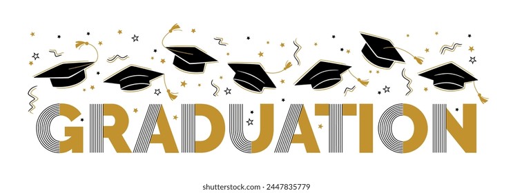 Graduation greeting sign with square academic caps high into the air. Vector design for graduation, congratulation ceremony, invitation card, banner. Grads symbol for university, high school