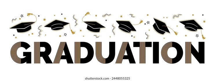 Graduation greeting sign with square academic caps high into the air. Vector design for graduation, congratulation ceremony, invitation card, banner. Grads symbol for university, high school