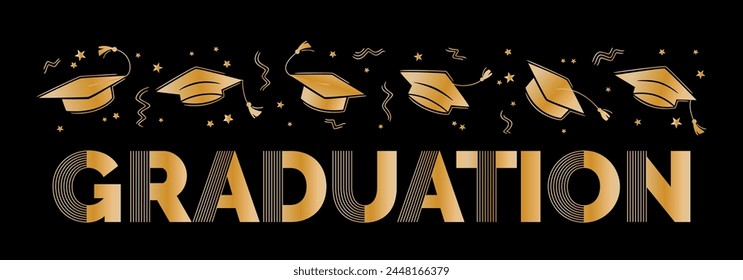 Graduation greeting sign with square academic caps high into the air. Vector design for congratulation ceremony, invitation card, banner. Golden grads symbol for university, high school on black