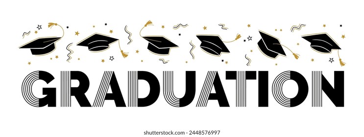 Graduation greeting sign with square academic caps high into the air. Vector design for graduation, congratulation ceremony, invitation card, banner. Grads symbol for university, high school