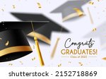 Graduation greeting vector background design. Congrats graduates text with 3d mortarboard cap and elegant gold confetti for graduation ceremony messages. Vector illustration.

