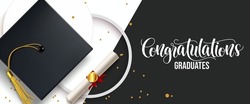 Graduation Greeting Vector Background Design. Congratulations Graduates Text In Black And White Decoration With 3d Cap, Diploma And Podium Elements For College Grad Celebration. Vector Illustration.
