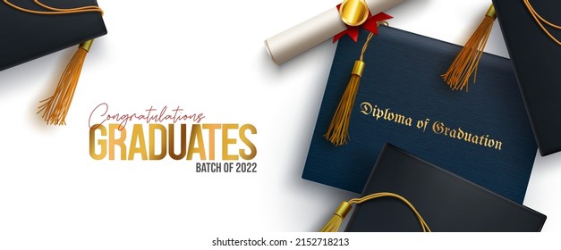 Graduation greeting vector background design. Congratulations graduates text with 3d diploma, holder and mortarboard cap elements for college grad celebration messages. Vector illustration.
