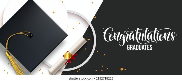 Graduation Greeting Vector Background Design. Congratulations Graduates Text In Black And White Decoration With 3d Cap, Diploma And Podium Elements For College Grad Celebration. Vector Illustration.
